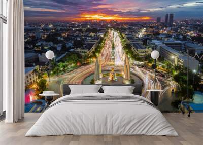 Aerial view of Democracy monument with long exposure blurry car traffic at twilight sky in evening time. Wall mural