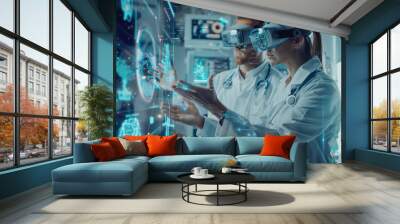 Female and Male Medical Industry Scientists Chat and Use Futuristic Augmented Reality Technology Wall mural