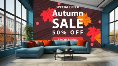 Autumn sale text banners for September shopping promo or autumnal shop discount. Vector maple and oak acorn leaf foliage, mushroom and berry for discount design of leaflet or web banner Wall mural