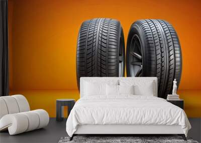 Close-up of two tires against an orange background, tires, rubber, wheels, car, vehicle, transportation, orange, background Wall mural