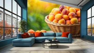 A close-up of a basket filled with ripe apricots, apricots, fruit, fresh, basket, organic, healthy, juicy, harvest Wall mural