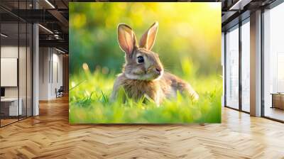 A cute rabbit relaxing on green grass in a sunny field, rabbit, rest, relaxation, peaceful, nature, wildlife, fluffy, outdoors Wall mural