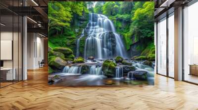 A stunning waterfall cascading down rocks in a vibrant green forest setting, waterfall, lush, green, forest, nature, landscape Wall mural