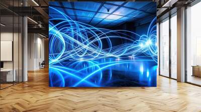 Abstract light painting with futuristic blue patterns , abstract, light painting, colored lights, futuristic, pattern, blue colors Wall mural