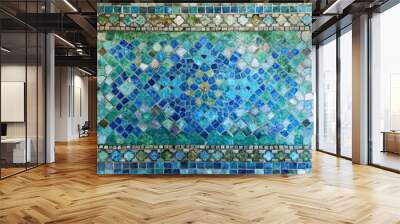 Abstract mosaic in shades of blue and green , abstract, mosaic, fragmented glass, shades of blue, shades of green, art Wall mural