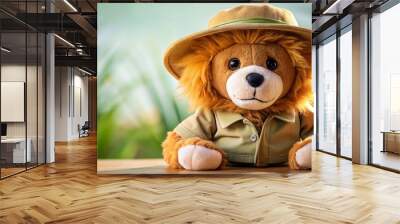 Adventurous lion stuffed animal wearing an explorer hat for a safari adventure, lion, stuffed animal, explorer hat, safari, adventure Wall mural