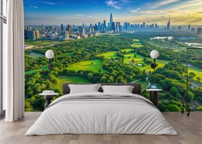 Aerial view of a lush green landscape with a modern city skyline in the distance, aerial, view, landscape, city, skyline Wall mural