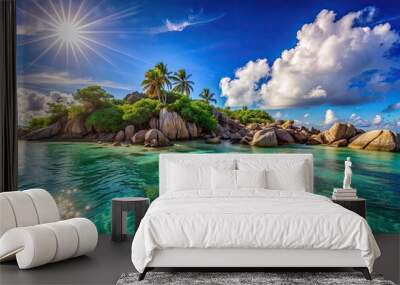 Beautiful seascapes of Seychelles islands with sun and turquoise waters, Seychelles, islands, sun, turquoise, waters, ocean Wall mural