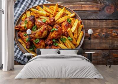 Big plate of crispy golden fries with juicy grilled chicken wings and seasoned potatoes, fries, chicken wings, potatoes Wall mural