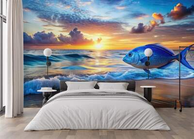 Blue fish swimming in the ocean during a beautiful sunset on the beach, Blue, fish, ocean, sunset, beach, vibrant Wall mural