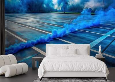 Blue parking lines emitting toxic fumes , pollution, environment, unhealthy, road surface, air pollution, realistic Wall mural