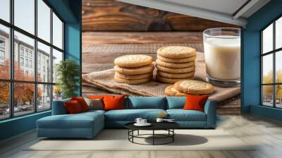 Breakfast shortbread biscuits with glass of milk on rustic wooden table, breakfast, shortbread, biscuits, milk, glass, morning Wall mural