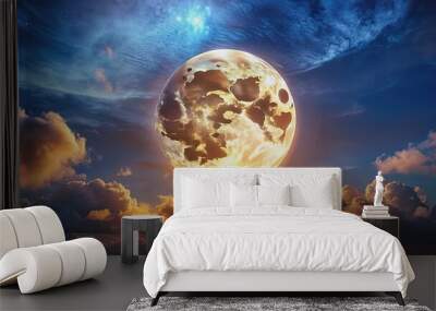 Bright and dramatic image of a full moon in a dark night sky, lunar, moonlight, celestial, astronomy, night, sky Wall mural