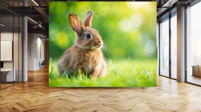 Brown bunny sitting on lush green grass, bunny, rabbit, cute, furry, animal, sitting, grass, fluffy, brown, wildlife, nature Wall mural