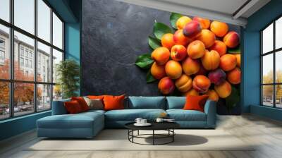 Bunch of ripe apricots on a dark background, apricots, fruit, black background, fresh, vibrant, healthy, food, natural, organic Wall mural