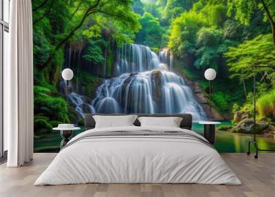 Cascading waterfall amidst lush green forest, Waterfall, cascading, clear pool, lush, green, forest, nature, tranquility Wall mural