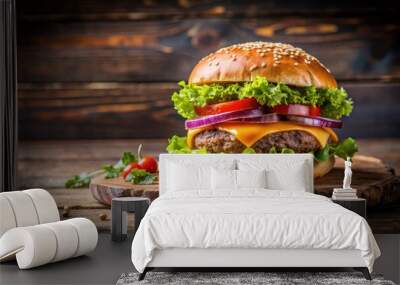 Close-up of a delicious homemade burger on a wooden table , food, burger, homemade, tasty, close-up, wooden, table, meal, snack Wall mural