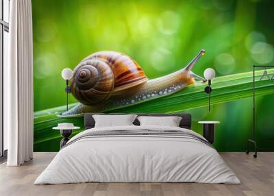 Close-up of a snail crawling on a blade of grass with a green blurred background, snail, crawling, close-up, nature, wildlife, garden Wall mural