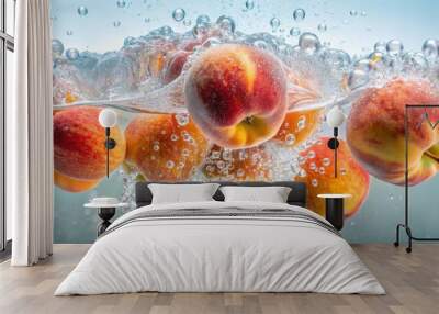 Close-up of peaches floating in liquid with bubbles , peach, fruit, bubbles, close-up, food, fresh, juicy, healthy, organic Wall mural