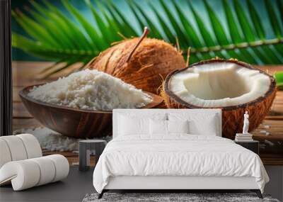 Coconut and shredded flaked coconut on background, coconut, shredded, flaked, tropical, food, ingredient, white, natural Wall mural