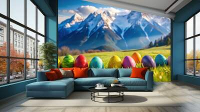 Colorful Easter eggs on grass with mountains in background , Easter, eggs, grass, mountains, colorful, spring, holiday Wall mural