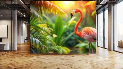 Colorful flamingo standing in lush tropical backdrop, flamingo, colorful, tropical, bird, vibrant, wildlife, nature Wall mural