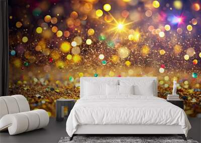 Colorful golden confetti background with glitter bokeh light Celebration backdrop, confetti, colorful, golden, glitter, bokeh Wall mural