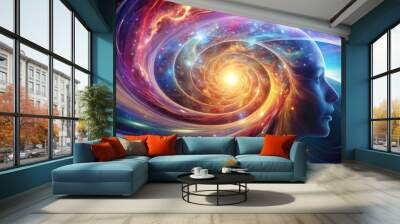 Cosmic explosion of the mind with swirling elements, cosmic, head explosion, conceptual, glowing, space Wall mural