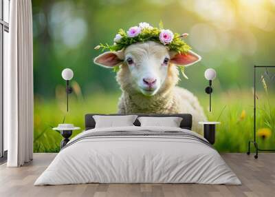 Cute little sheep with a wreath of flowers on a green field , sheep, wreath, flowers, green, field, farm, pet, domestic, animal Wall mural