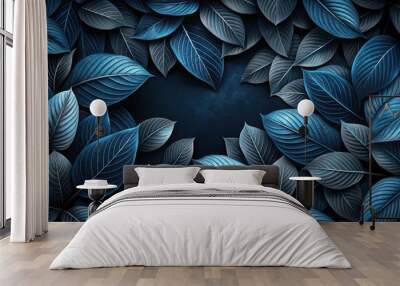 Dark and elegant black and blue leaves pattern for background or wallpaper, black, blue, leaves, foliage, elegant, dark Wall mural