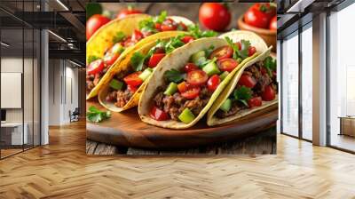 Delicious Mexican tacos loaded with beef, tomatoes, avocado, chilli, and onions , Mexican, tacos, beef, tomatoes, avocado Wall mural