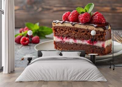 Delicious slice of raspberry and chocolate cake on a plate , dessert, sweet, indulgent, treat, pastry, bakery Wall mural