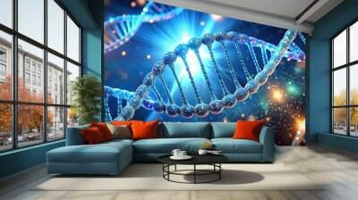 Dynamic double helix DNA in luminous cytoplasm, showcasing genetic traits and structure, DNA, double helix, dynamic Wall mural