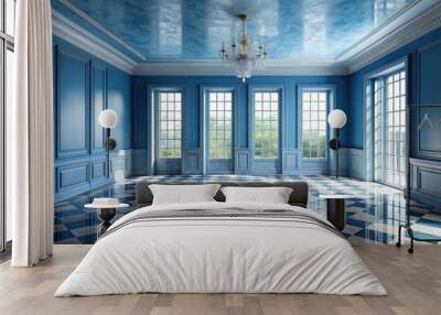 Elegant blue room with large windows and marble floor, elegant, blue, room, large, windows, marble, floor Wall mural