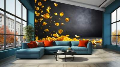 Falling yellow rose petals on a dark background, blooming, floral, nature, vibrant, romantic, beauty, delicate, decoration, elegant Wall mural