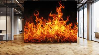 Fiery flames on a dark background, fire, flames, heat, burning, inferno, hot, blazing, darkness, orange, red, glowing Wall mural