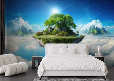 Floating island in the sky with lush greenery and crystal clear waters, fantasy, surreal, dreamlike, magical, wonder Wall mural