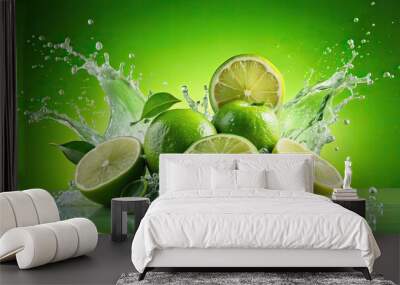 Fresh limes water explosion in a light green background, limes, water, explosion, splash, fresh, vibrant, citrus, fruit Wall mural