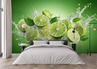 Fresh limes water explosion in light green background , limes, water, explosion, fresh, vibrant, citrus, green, summer Wall mural