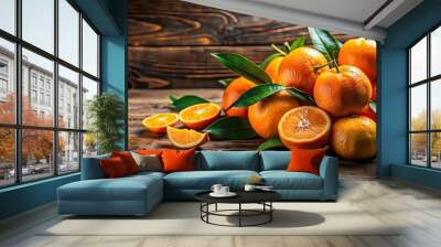 Fresh orange fruit placed on rustic wooden background, orange, fruit, wooden, background, healthy, organic, natural, vibrant, citrus Wall mural