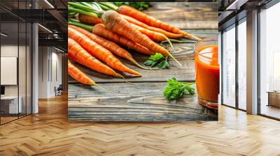 Freshly squeezed carrot juice with vibrant carrots on a rustic wooden background, carrot, juice, healthy, drink, beverage, organic Wall mural