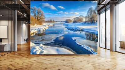 Frozen river with snow-covered banks and ice formations , winter, river, frozen, snow, cold, ice, icy, bank, landscape, scenery Wall mural