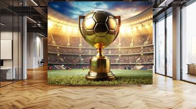 Golden football cup on display at a crowded stadium , award, trophy, championship, competition, sports, victory, winner Wall mural