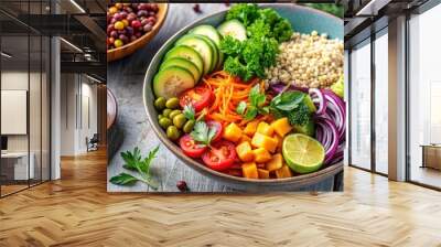 Healthy and vibrant vegetarian dinner bowl filled with fresh vegetables, grains, and plant-based proteins, nutrition Wall mural