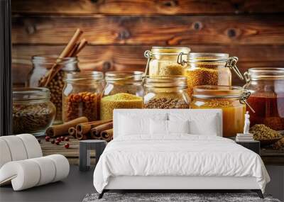 Honey jars filled with wheat and assorted spices for a rustic and warm display, honey, jars, wheat, spices, food, organic Wall mural