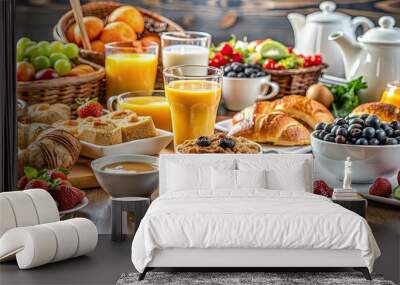 Hotel breakfast table filled with assorted pastries, fruits, cereals, and beverages, hotel, breakfast, table, food, buffet Wall mural