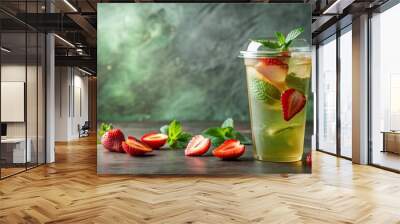 Ice green tea with fresh strawberry slices in a clear takeaway glass, refreshing, beverage, drink, summer, cold, healthy, organic Wall mural