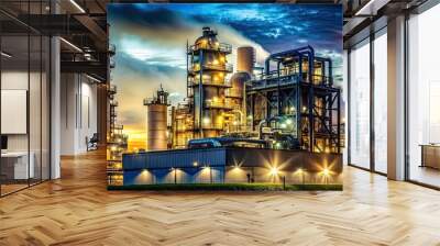 Illuminated industrial plant at night Wall mural