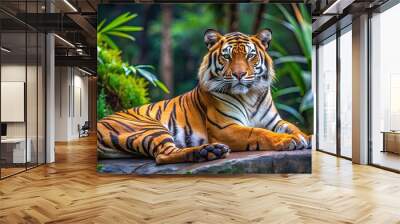 Malayan tiger laying in the forest, showcasing its beautiful orange fur and black stripes, endangered, wildlife Wall mural