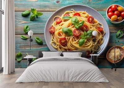 Mediterranean spaghetti pasta with fresh tomato and basil leaves on a plate, Mediterranean, spaghetti, pasta, tomato Wall mural